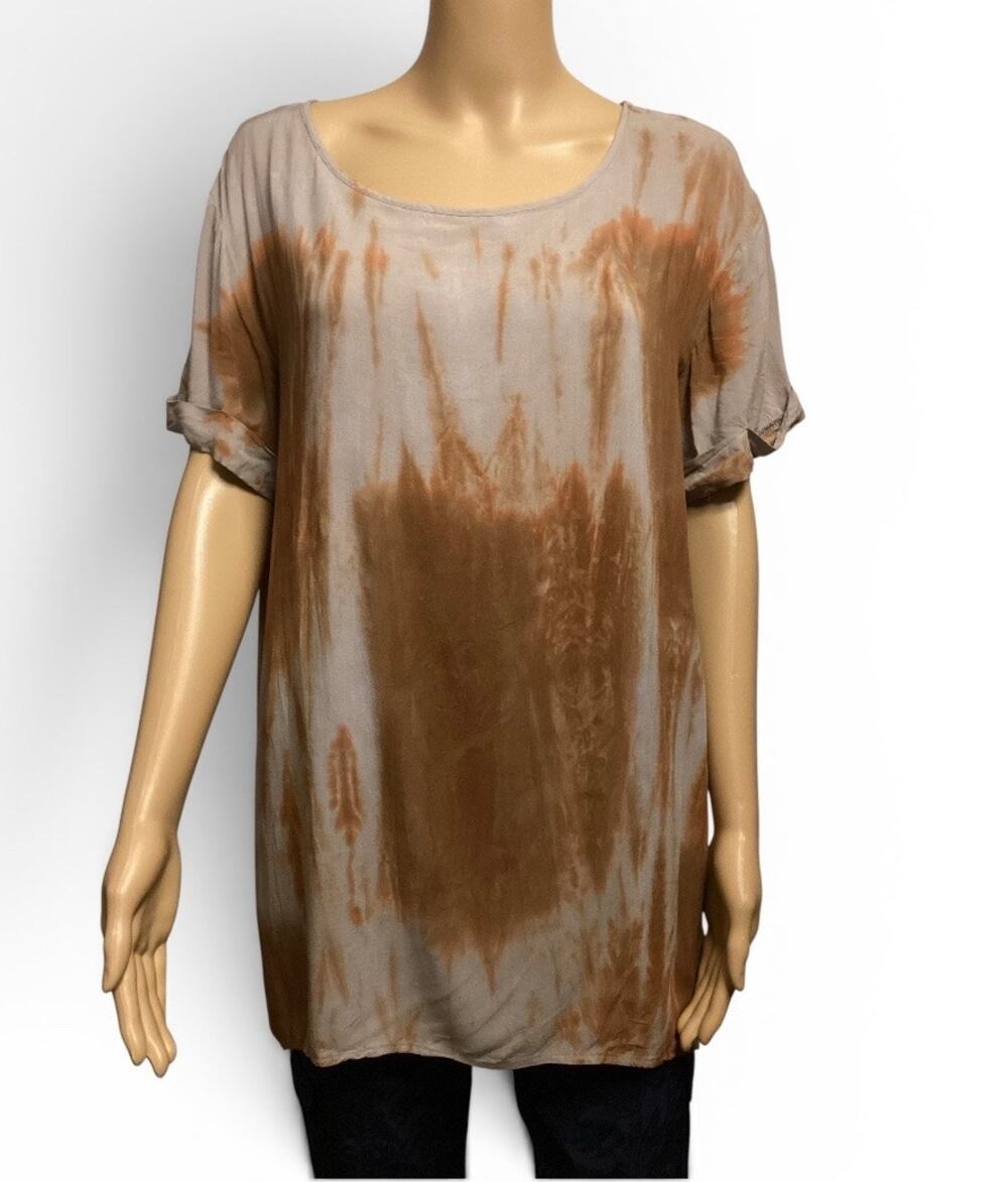 MOON & SKY Tie Dye Hi-Low Tunic T-Shirt Brown Tan Cuffed Short Sleeve XS-L